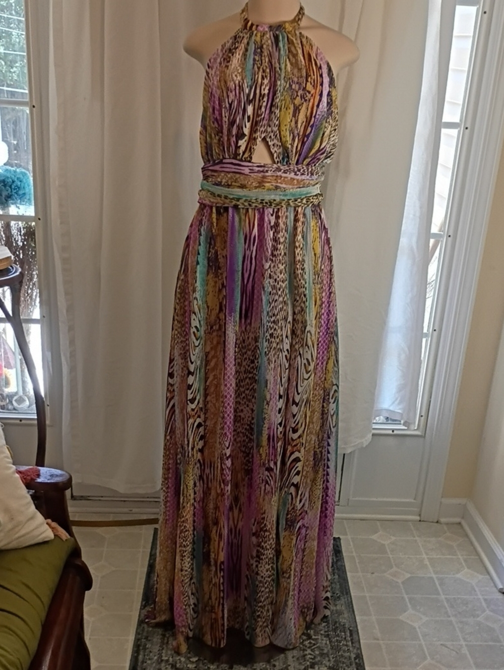 Multicolor Halter Maxi Dress with Animal Stripe Print Size L